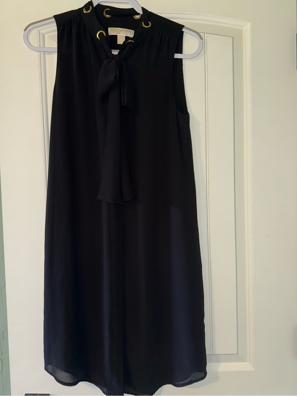 Michael Kors Sleeveless Black Tie-Neck Shift Dress with Gold Eyelets